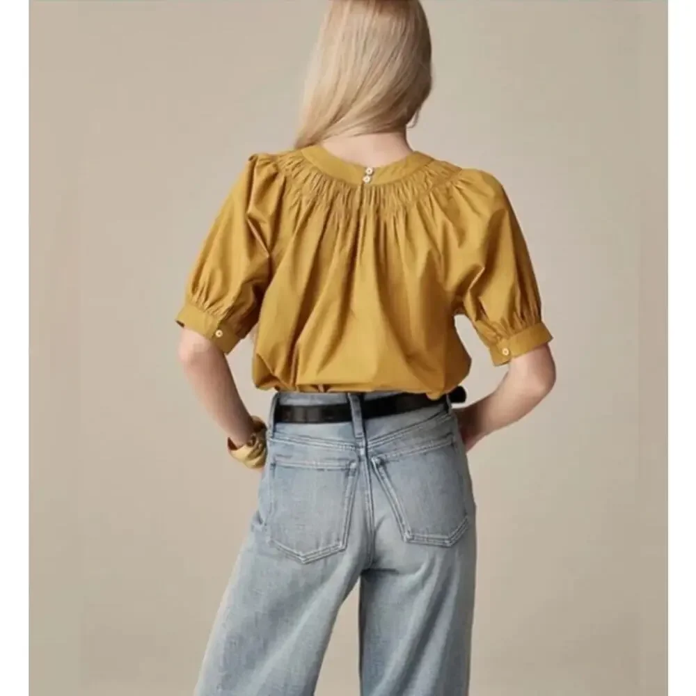 J. Crew Smocked Poplin‎ Puff Sleeve Top Honey Brown Regenerative Cotton S